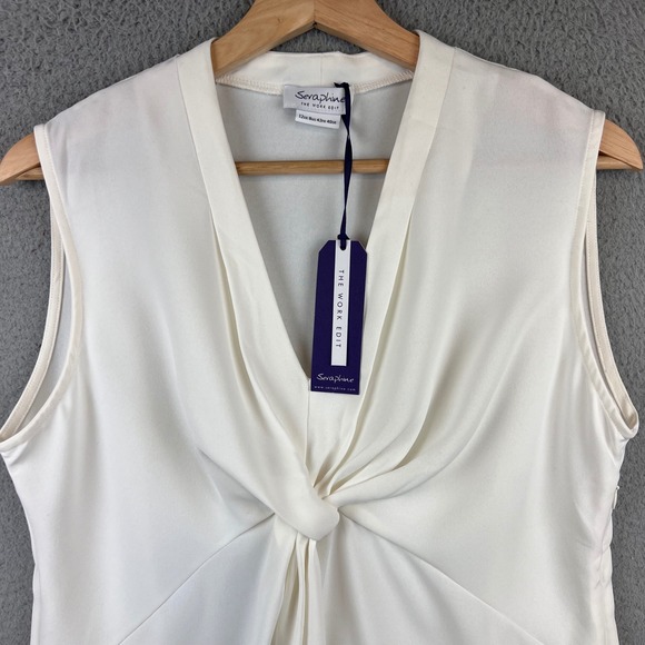New Seraphine Twist Front Blouse Cream Sleeveless V Neck Work Edit Size 8 - Picture 3 of 11